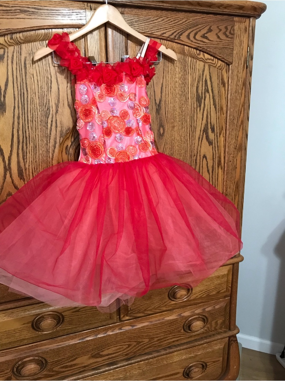 Curtain Call Girls Medium Dance Ballet Costume Tutu Leotard Red Pink